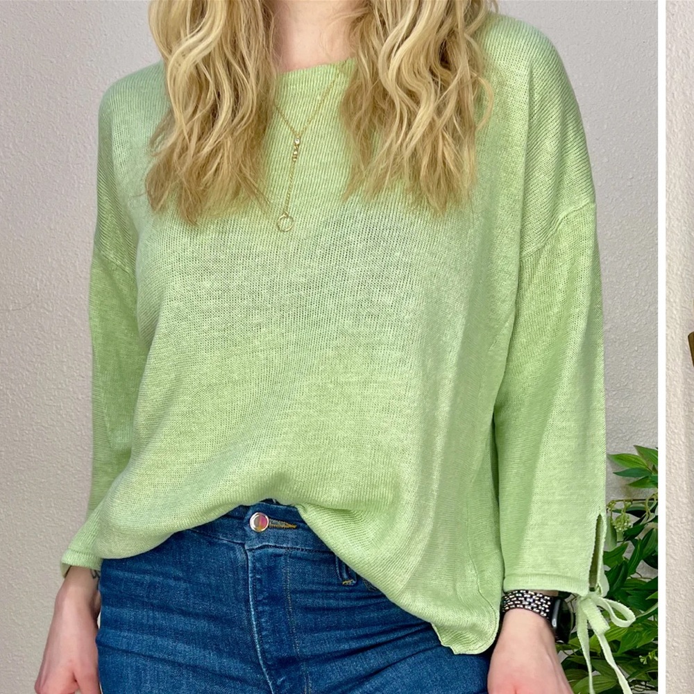 Eileen Fisher organic linen knit tie cuff quarter sleeve sweater boxy oversized
